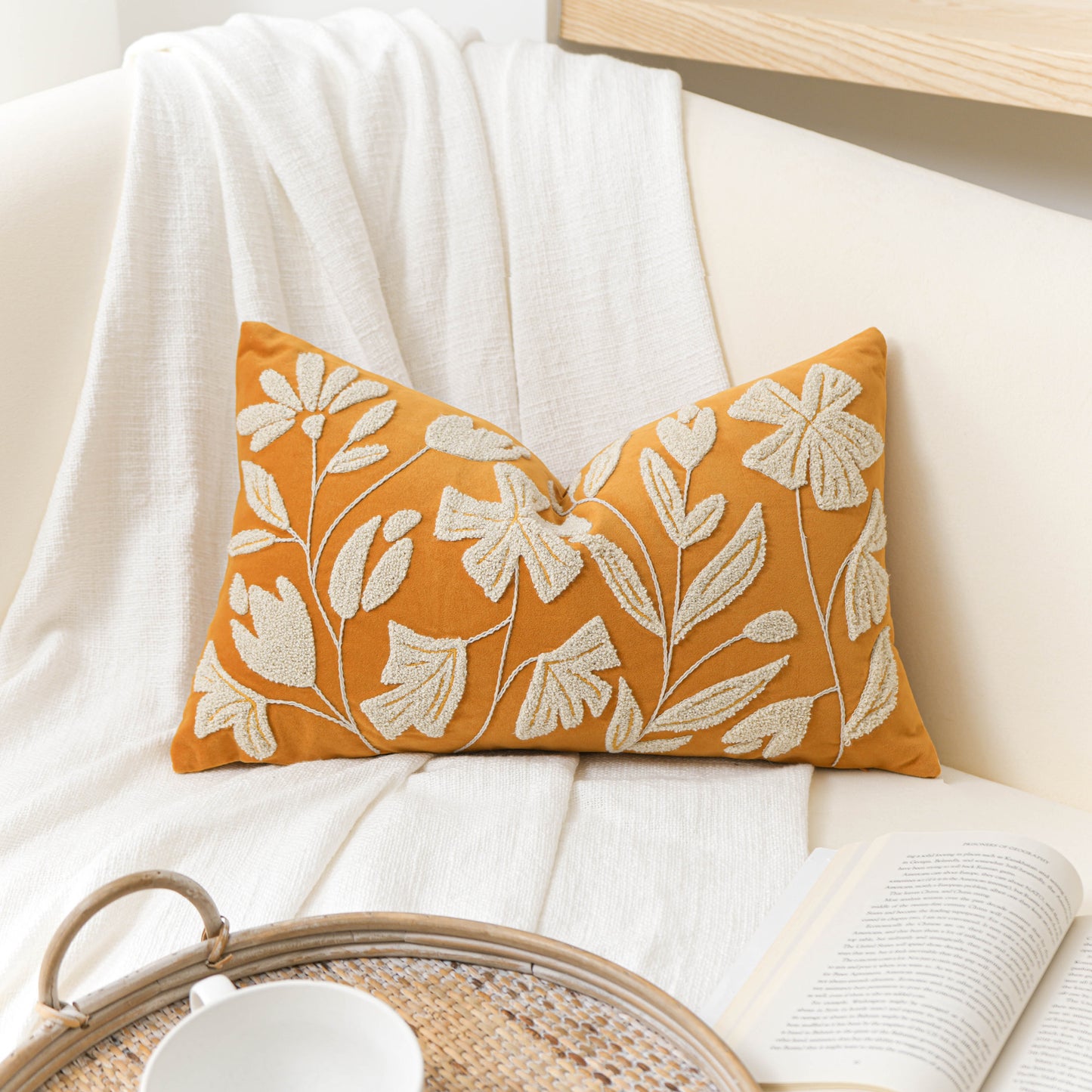 Velvet Soft Yellow Mustard Flower Pattern Lumbar Throw Pillow Cover