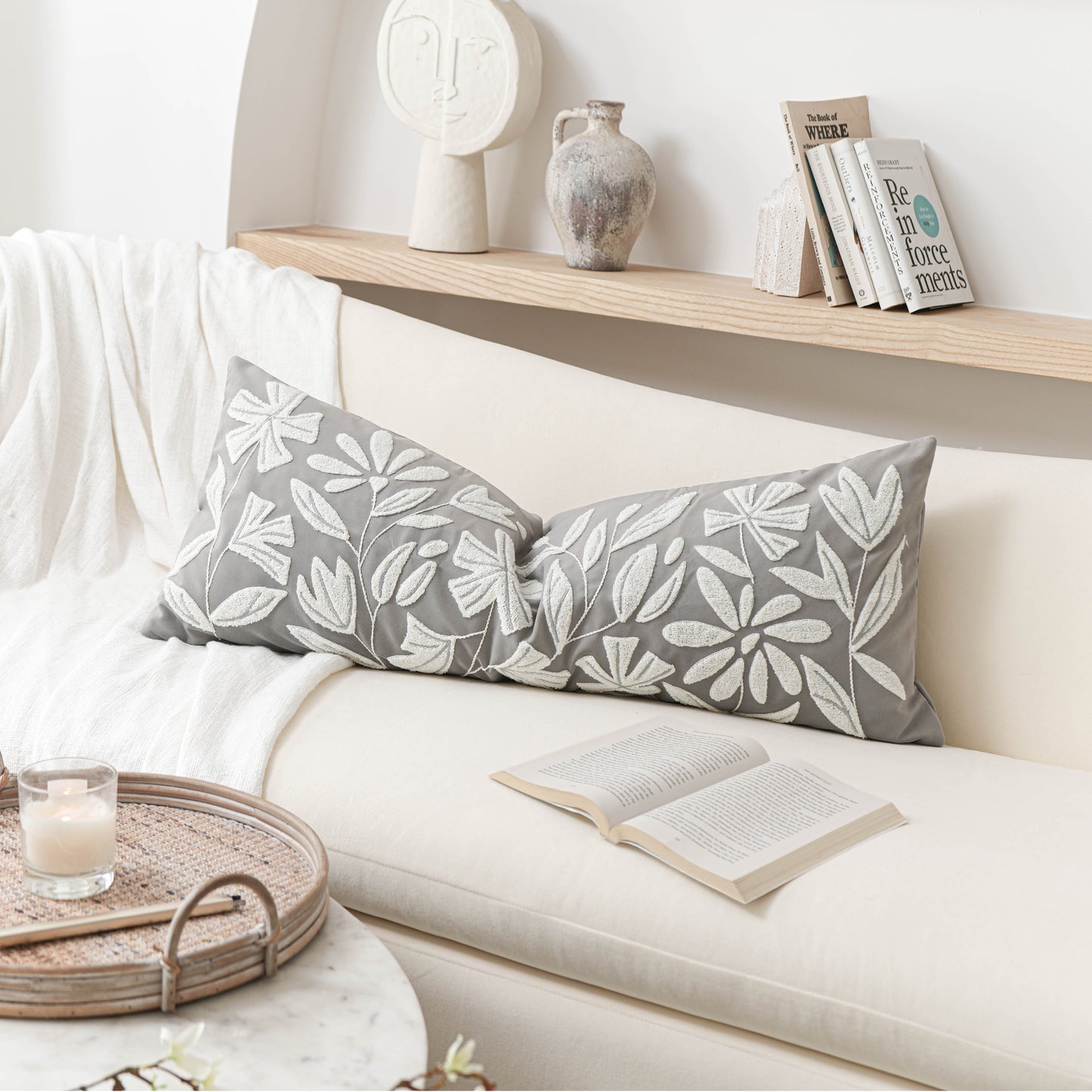 Velvet Soft Gray Flower Pattern Lumbar Throw Pillow Cover 14X36 inch