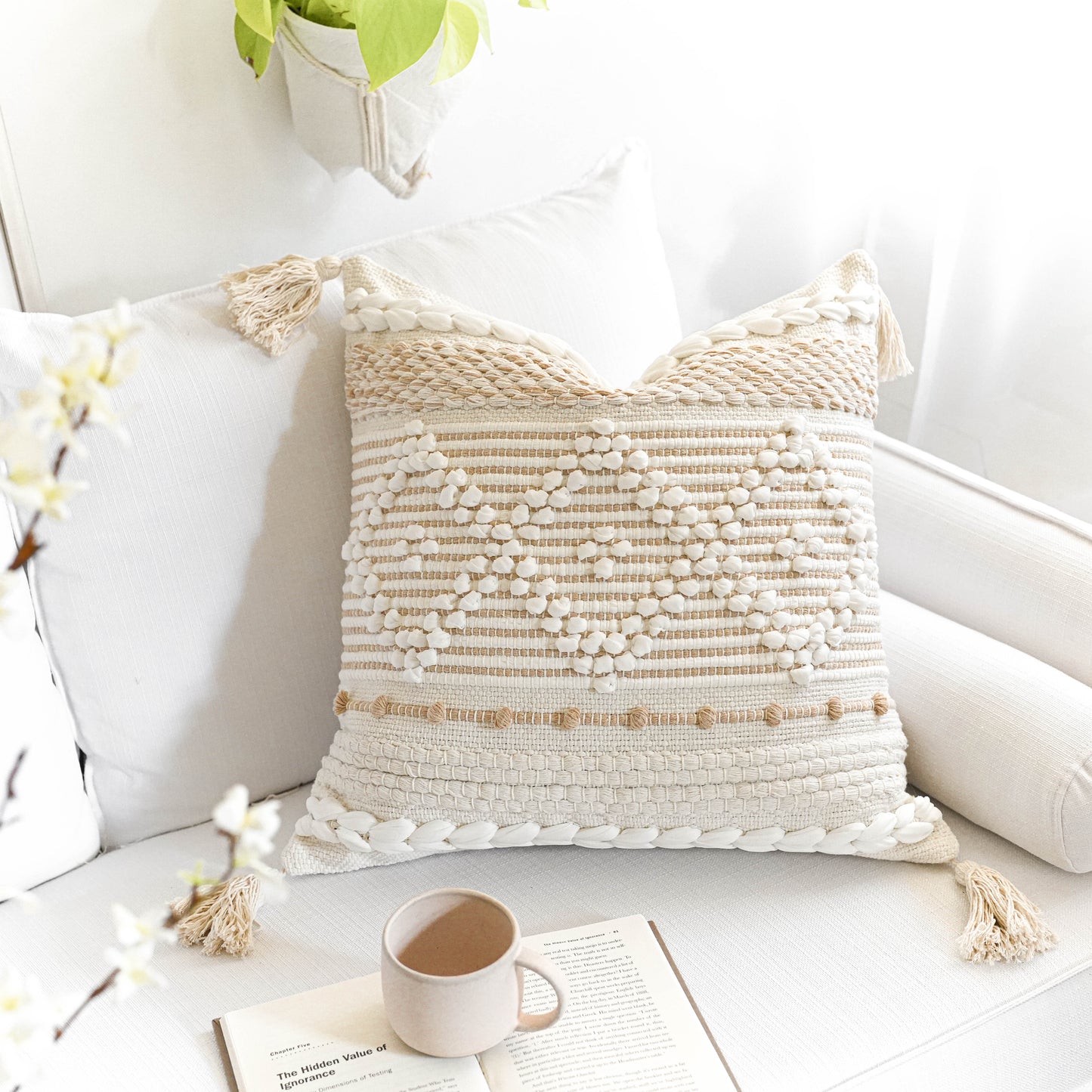 Handmade Cream White Diamond Square Pillow Cover 20x20