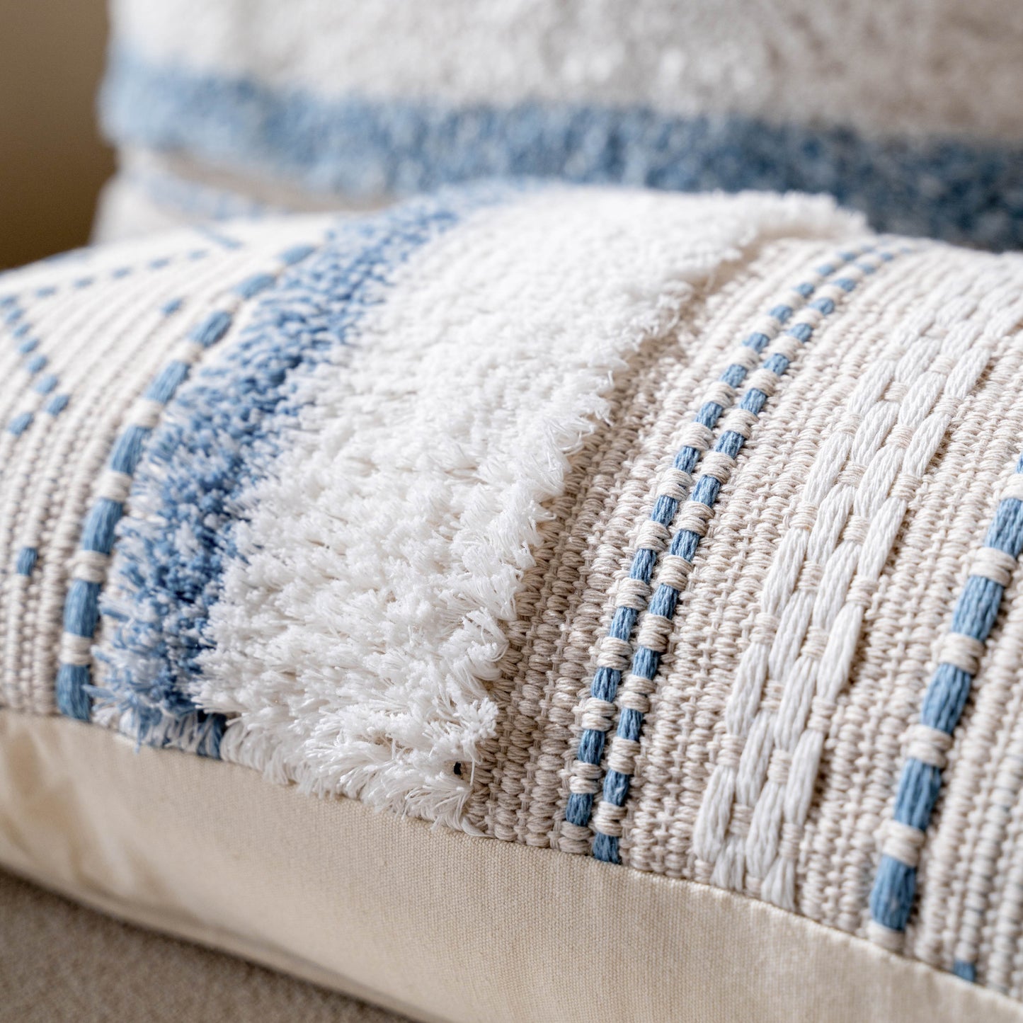 Serene Boho Woven Throw Pillow Cover - Blue