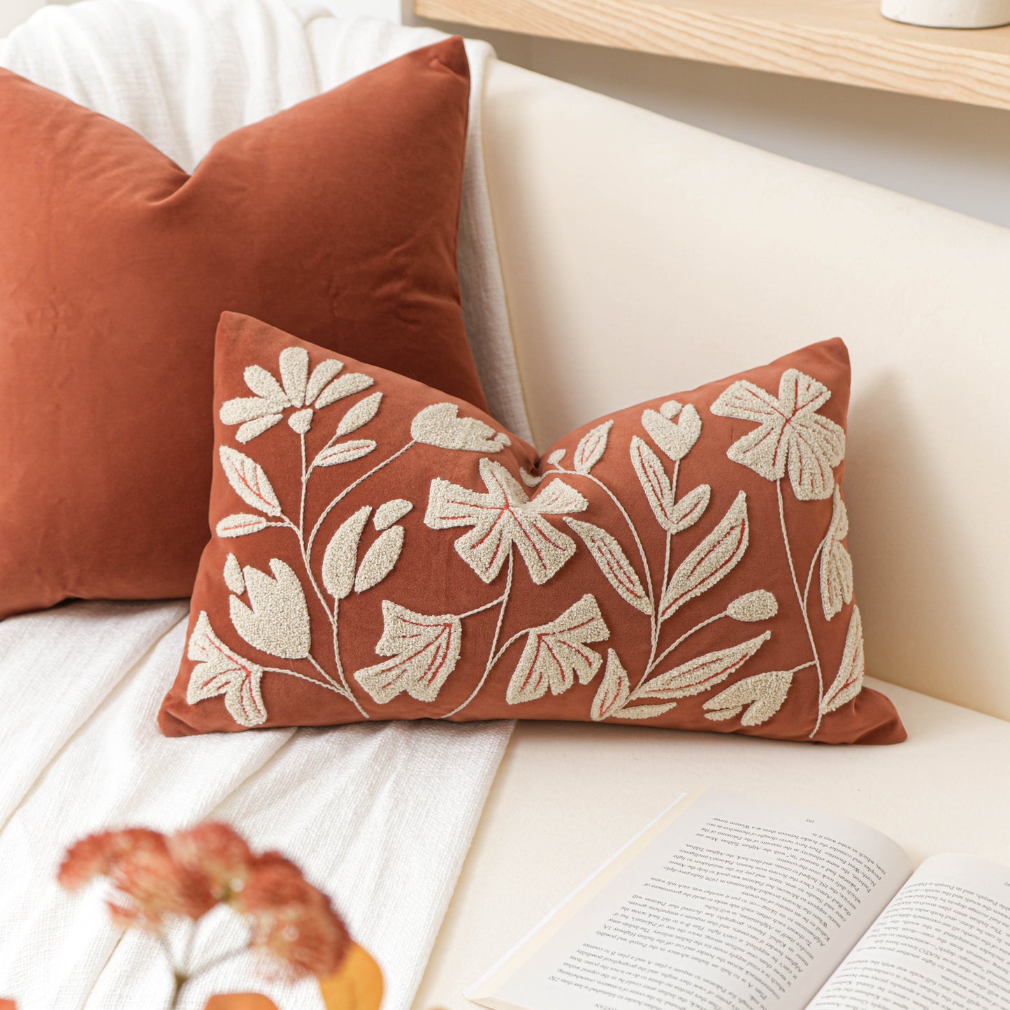 Velvet Soft Brick Red Flower Pattern Lumbar Throw Pillow Cover