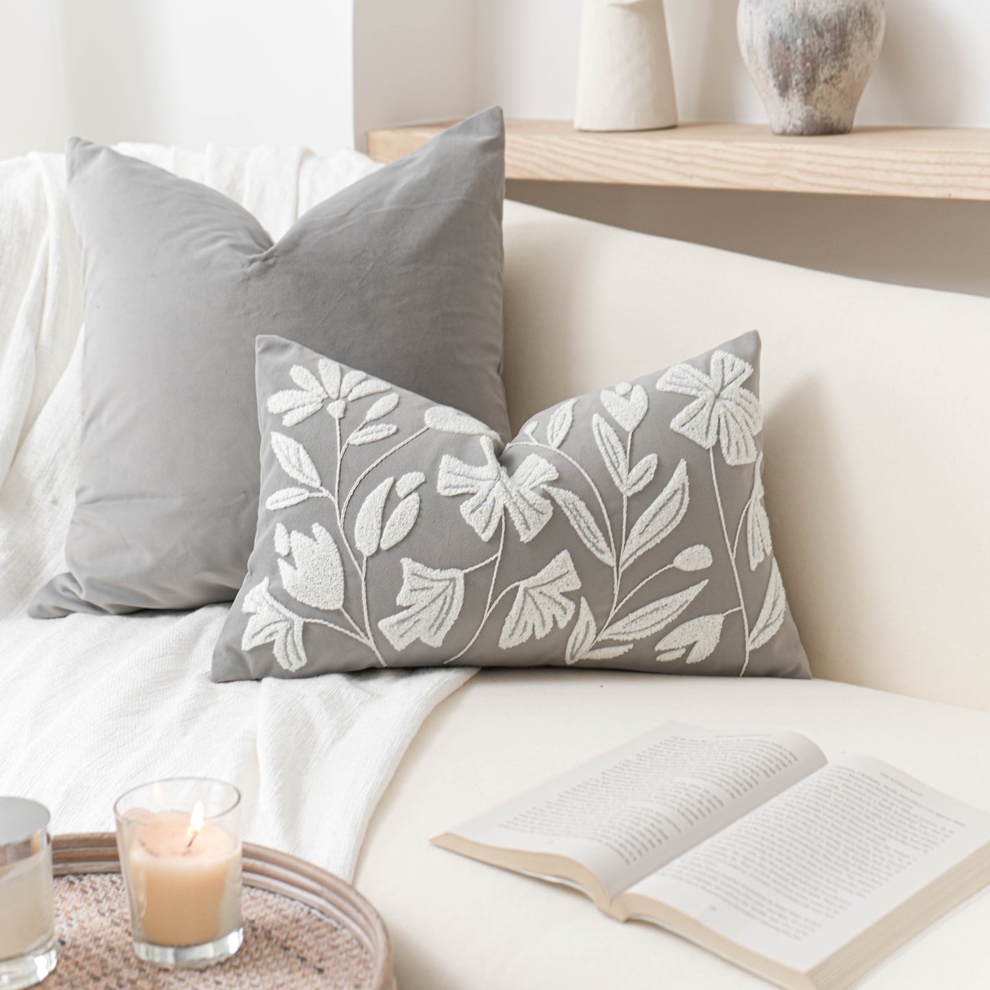 Velvet Soft Gray Flower Pattern Lumbar Throw Pillow Cover