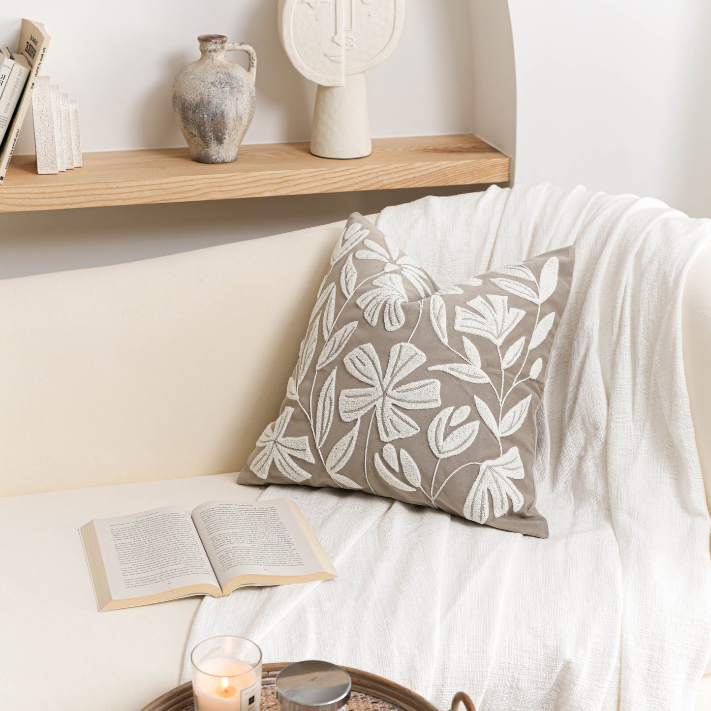 Velvet Soft Taupe Flower Pattern Throw Pillow Cover