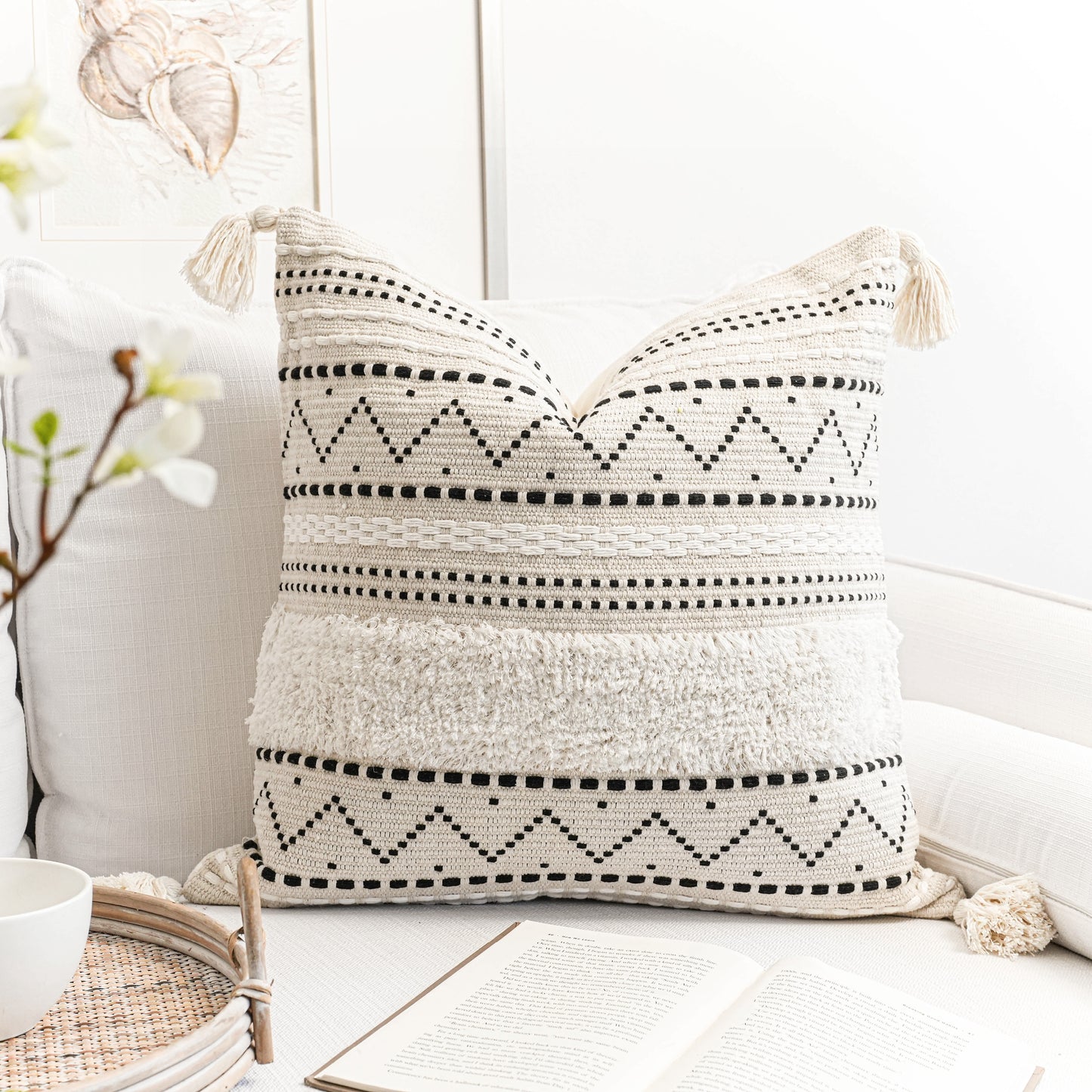 Serene Boho Woven Throw Pillow Cover - Black