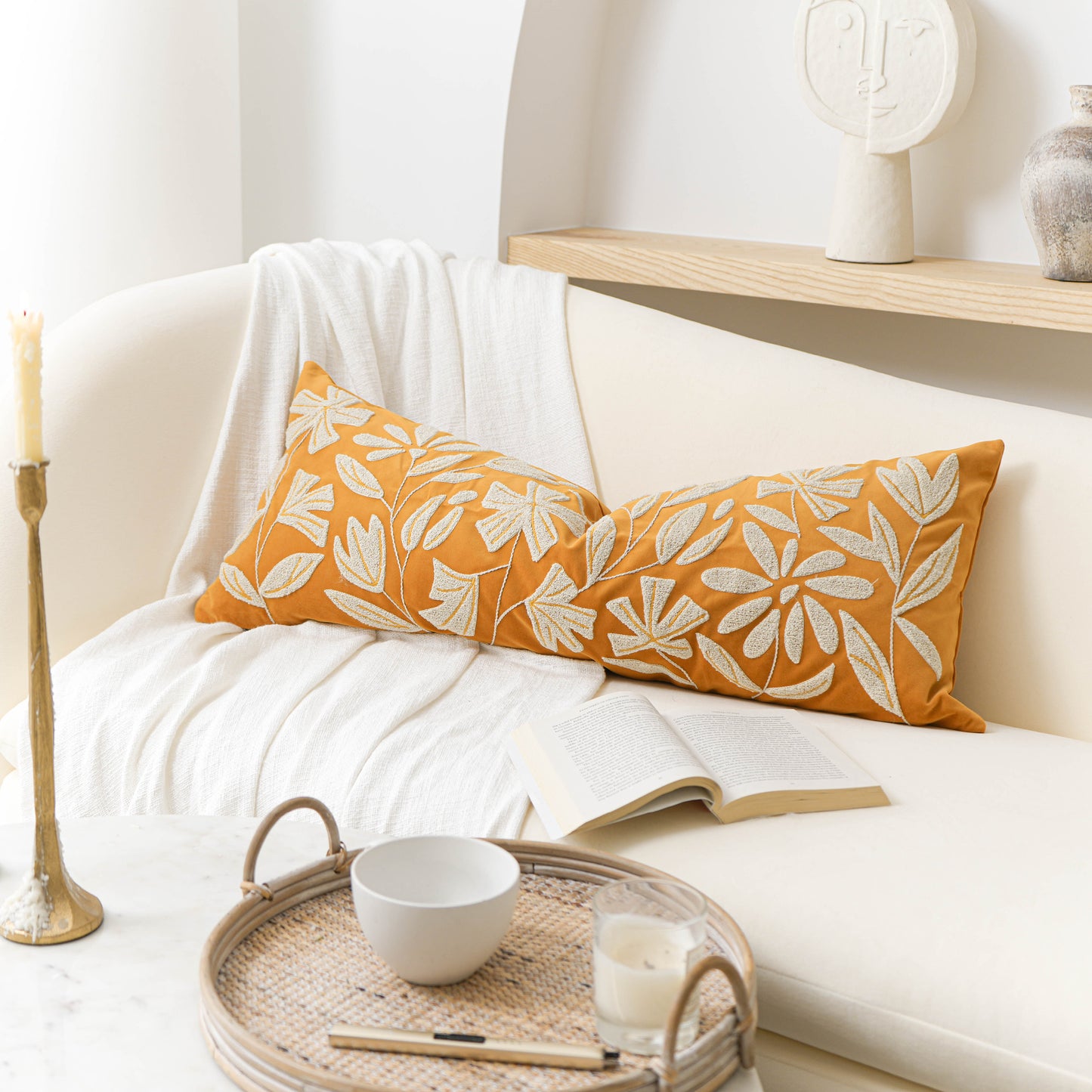 Velvet Soft Yellow Mustard Flower Pattern Lumbar Throw Pillow Cover 14X36 inch