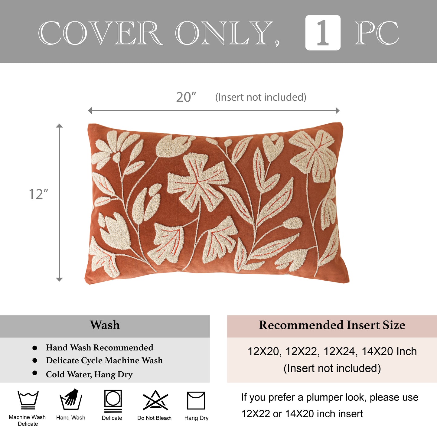 Velvet Soft Brick Red Flower Pattern Lumbar Throw Pillow Cover