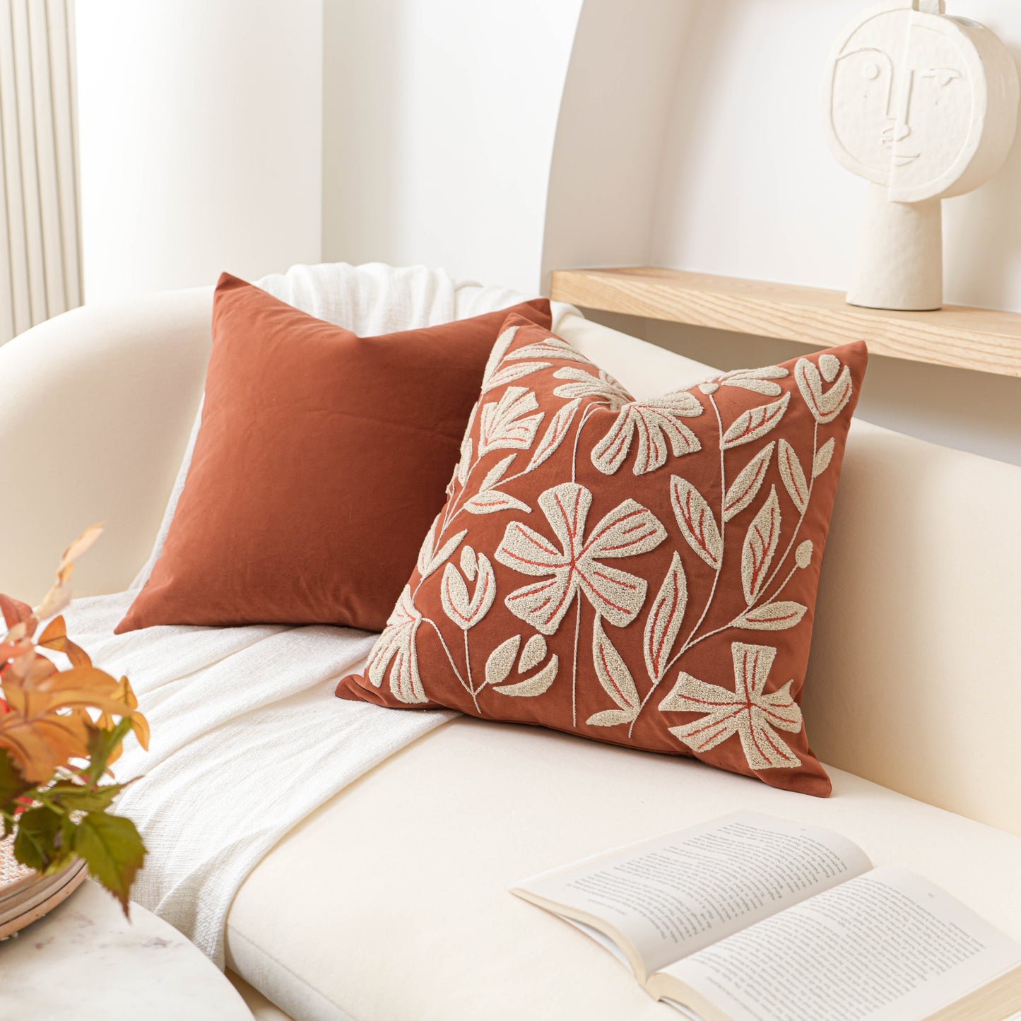 Velvet Soft Brick Red Flower Pattern Throw Pillow Cover