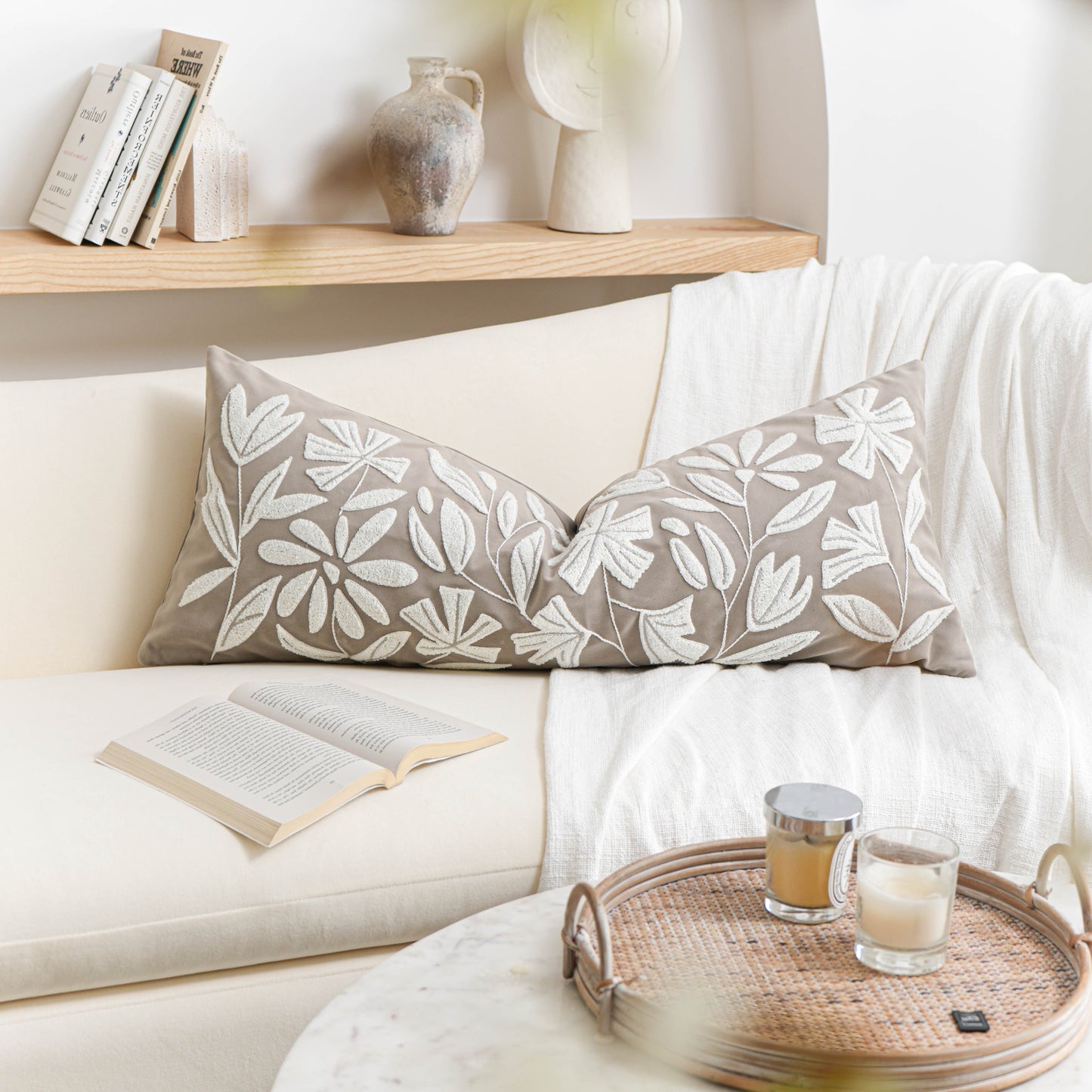 Velvet Soft Taupe Flower Pattern Lumbar Throw Pillow Cover 14X36 inch