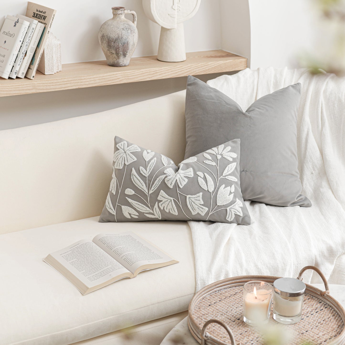 Velvet Soft Gray Flower Pattern Lumbar Throw Pillow Cover