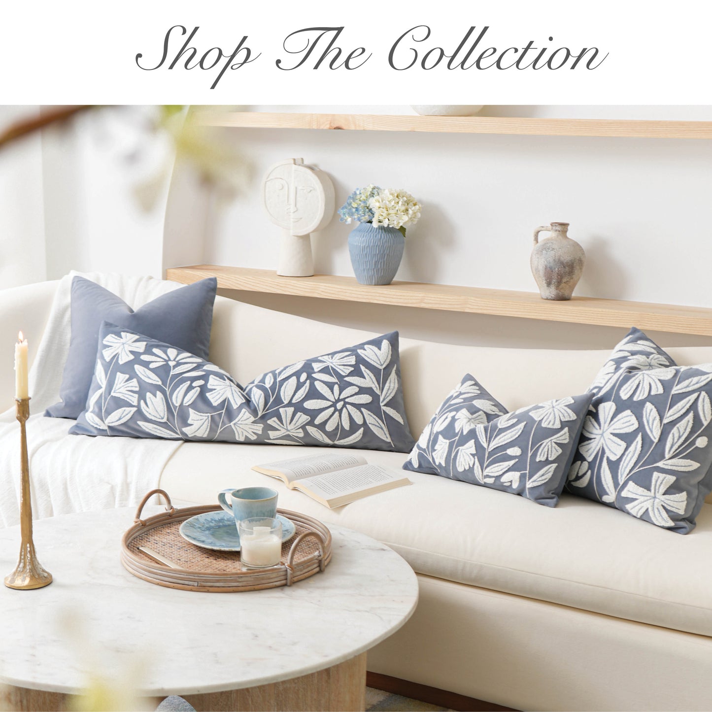 Velvet Soft Blue Flower Pattern Lumbar Throw Pillow Cover 14X36 inch