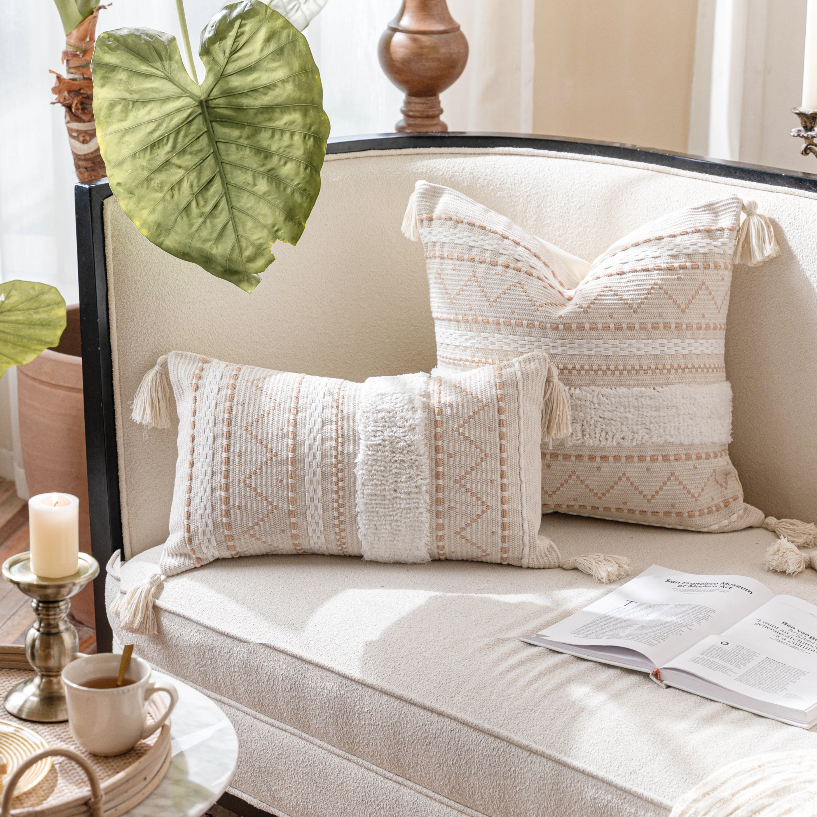 Serene Boho Woven Throw Pillow Cover Cream