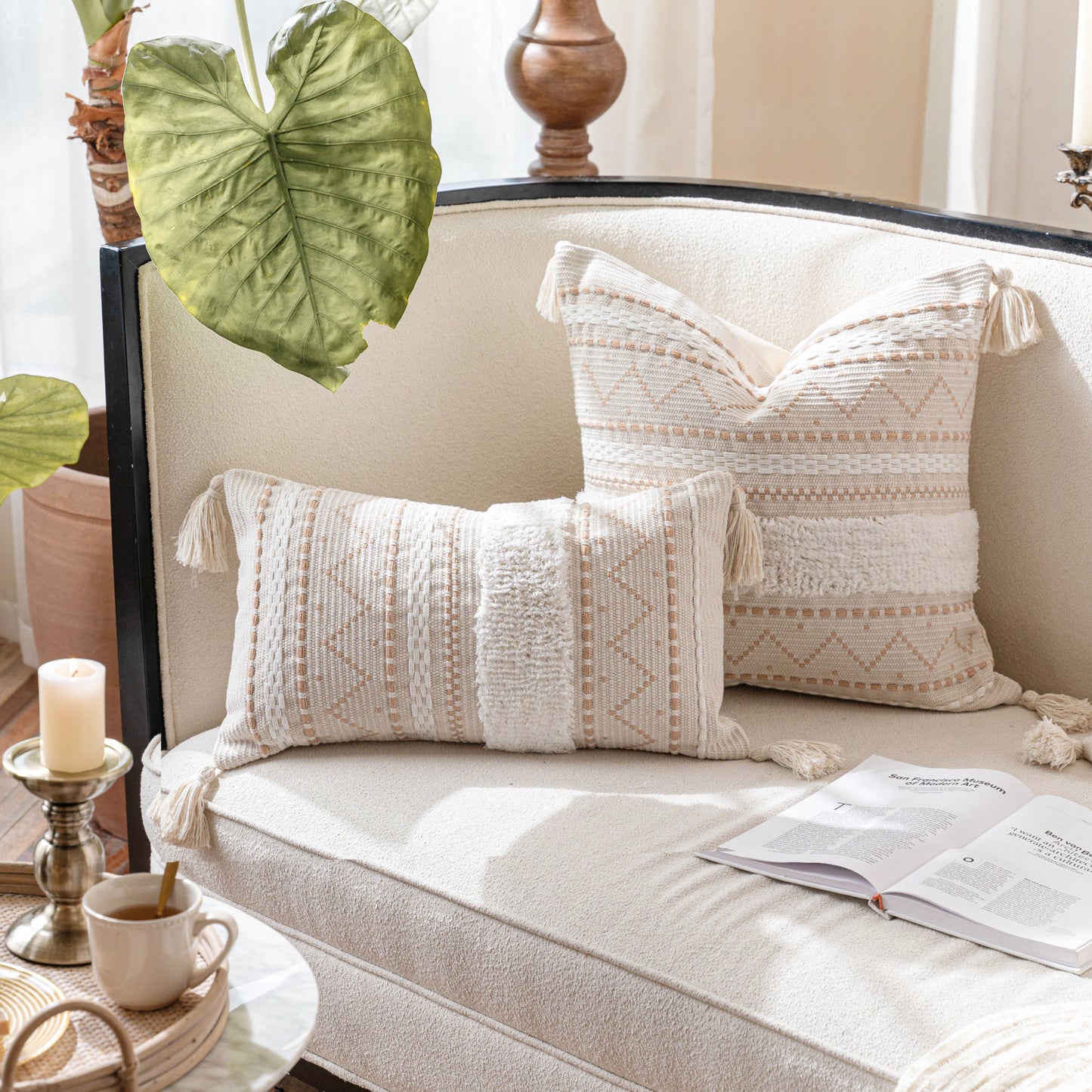 Serene Boho Woven Throw Pillow Cover - Cream