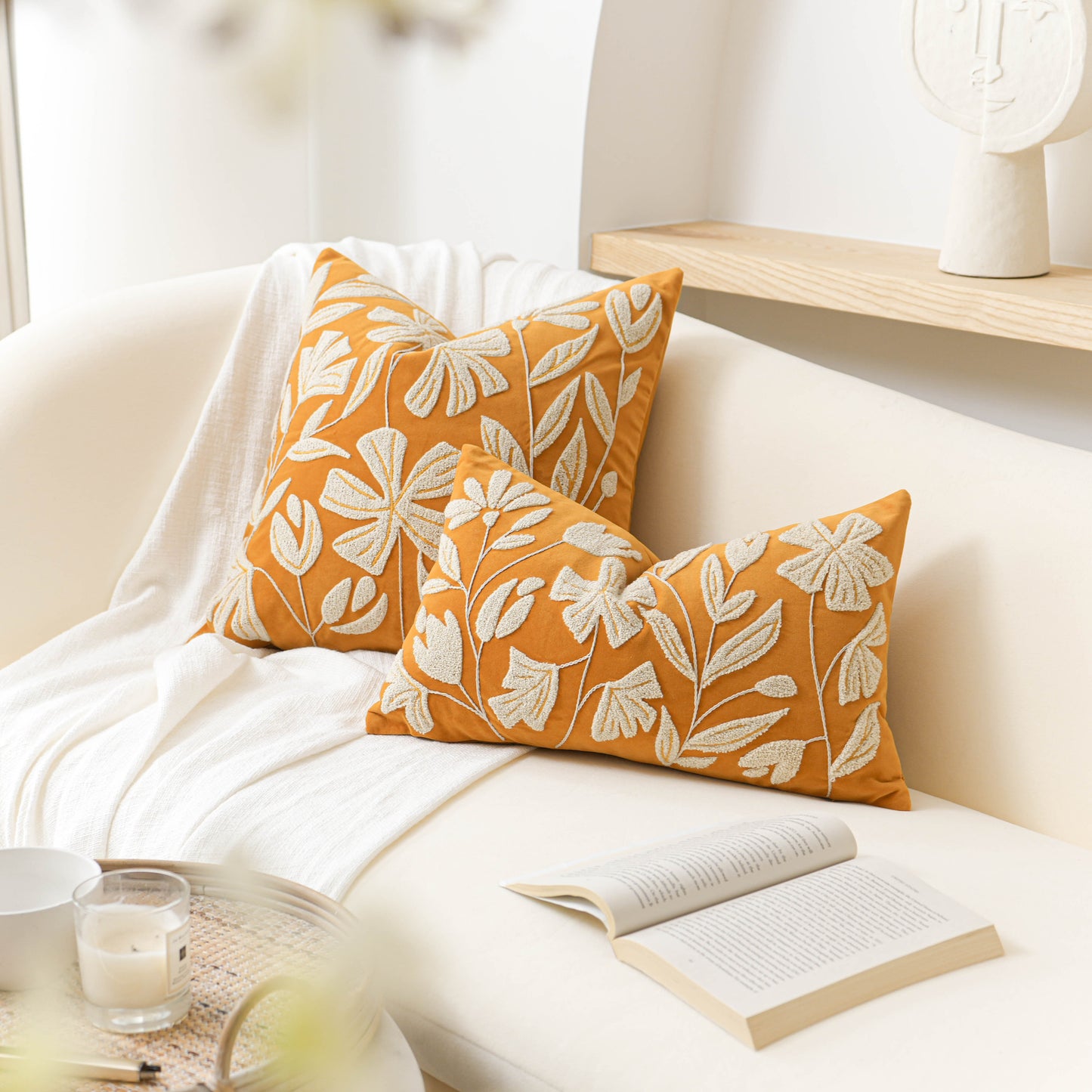 Velvet Soft Yellow Mustard Flower Pattern Throw Pillow Cover