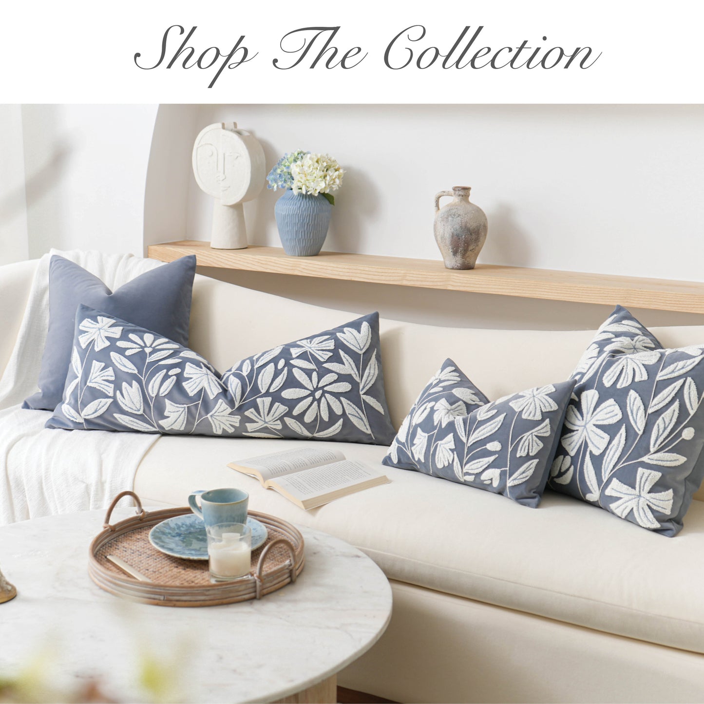 Velvet Soft Blue Flower Pattern Lumbar Throw Pillow Cover 14X36 inch