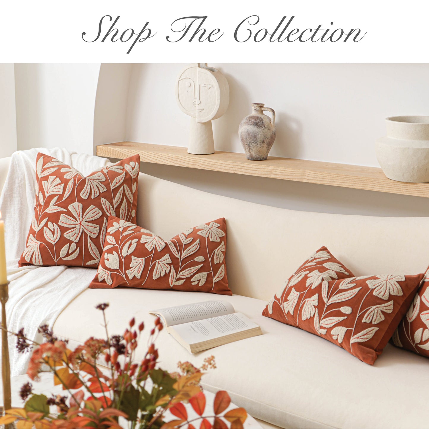 Velvet Soft Brick Red Flower Pattern Lumbar Throw Pillow Cover