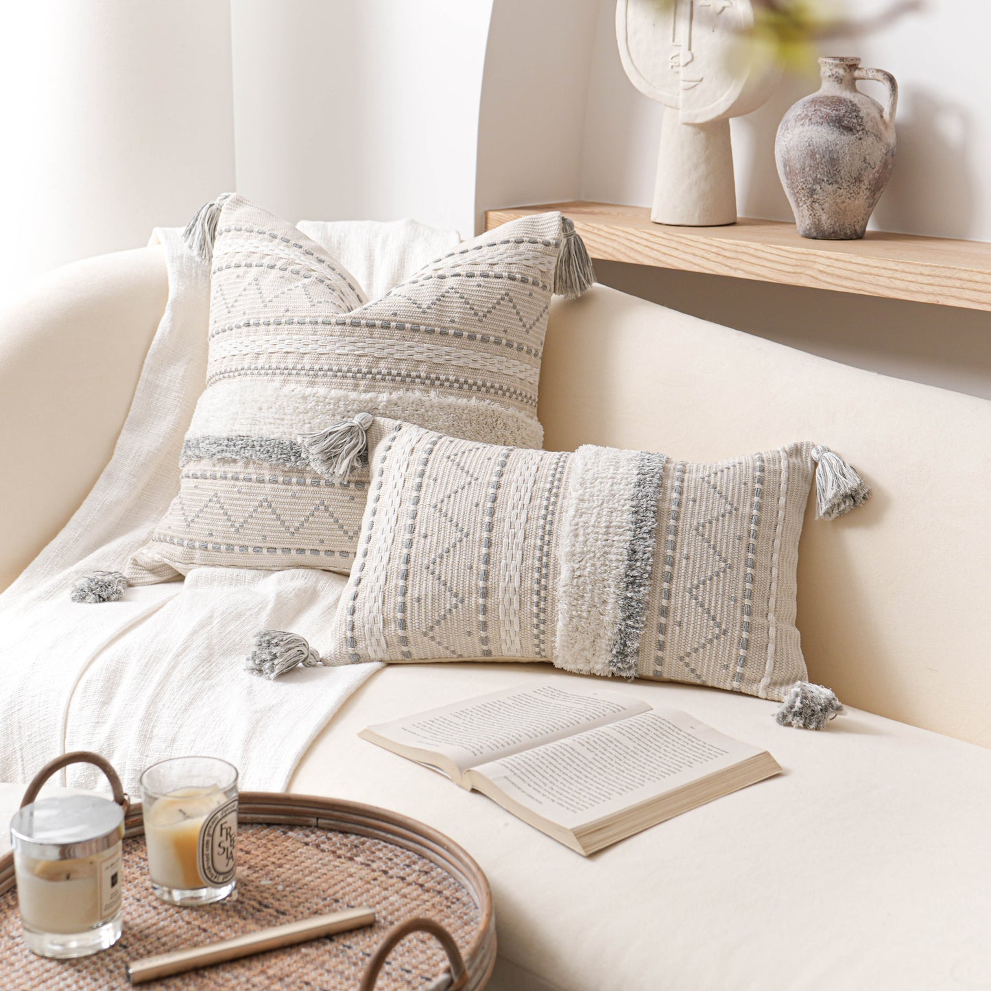Serene Boho Woven Throw Pillow Cover - Gray