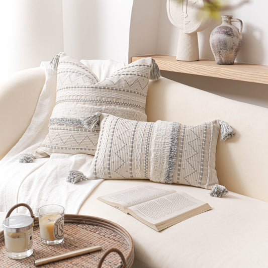 Serene Boho Woven Throw Pillow Cover - Gray