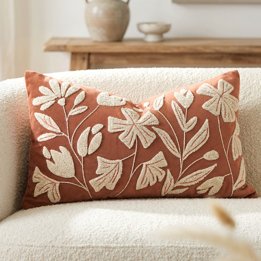 Velvet Soft Brick Red Flower Pattern Lumbar Throw Pillow Cover