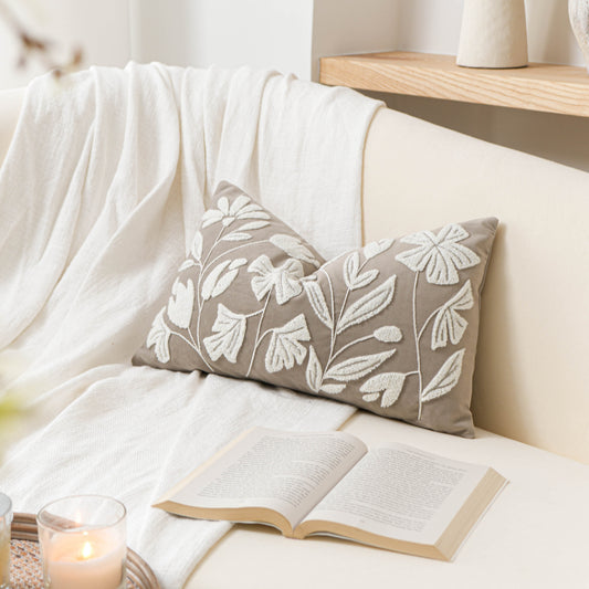 Velvet Soft Taupe Flower Pattern Lumbar Throw Pillow Cover