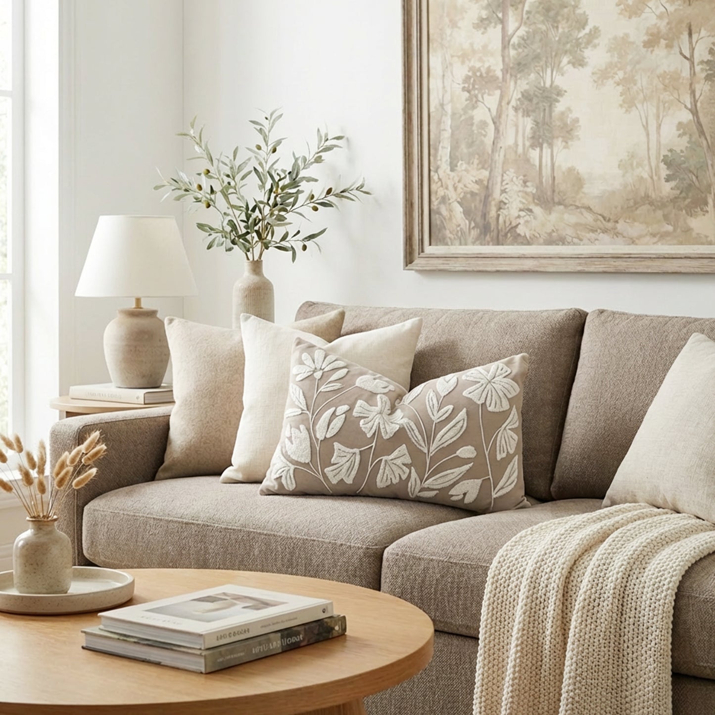 Velvet Soft Taupe Flower Pattern Lumbar Throw Pillow Cover