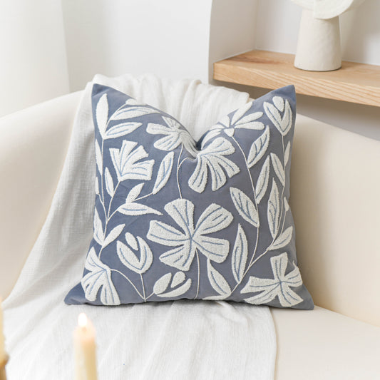 Velvet Soft Blue Flower Pattern Throw Pillow Cover