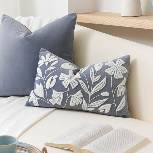 Velvet Soft Blue Flower Pattern Lumbar Throw Pillow Cover