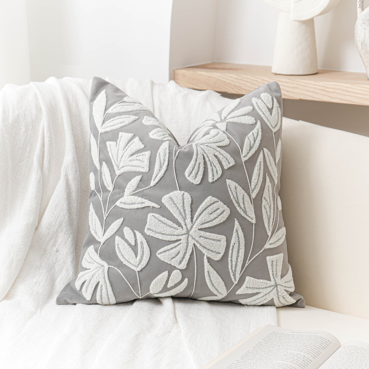 Velvet Soft Gray Flower Pattern Throw Pillow Cover