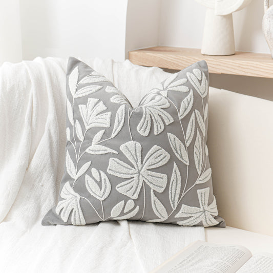 Velvet Soft Gray Flower Pattern Throw Pillow Cover