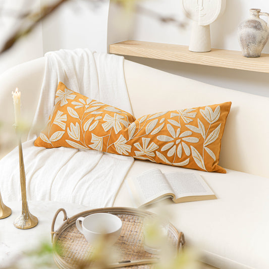 Velvet Soft Yellow Mustard Flower Pattern Lumbar Throw Pillow Cover 14X36 inch