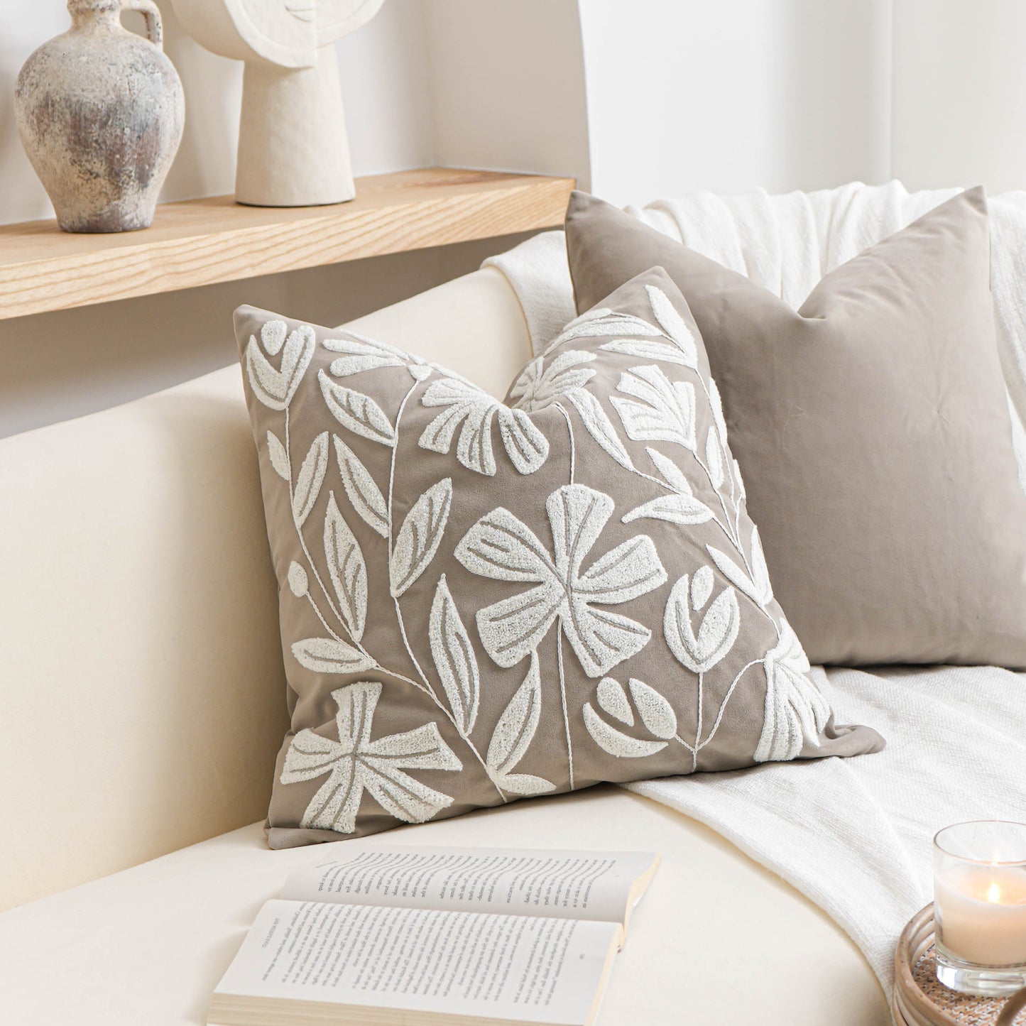 Velvet Soft Taupe Flower Pattern Throw Pillow Cover