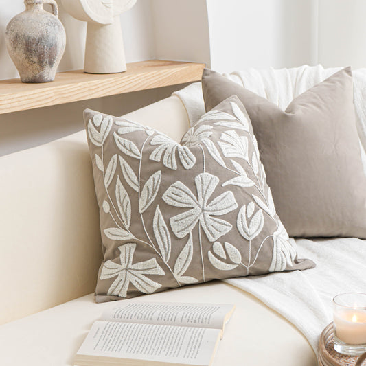 Velvet Soft Taupe Flower Pattern Throw Pillow Cover