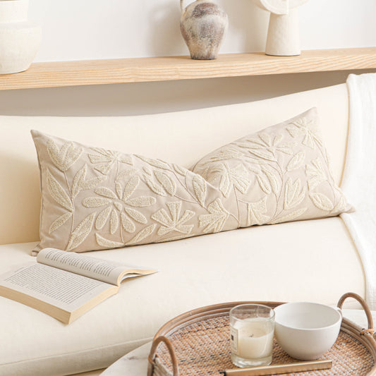 Velvet Soft Cream Flower Pattern Lumbar Throw Pillow Cover 14X36 inch