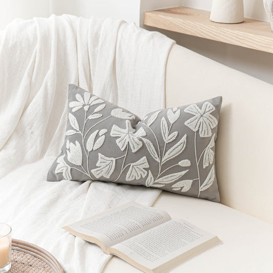 Velvet Soft Gray Flower Pattern Lumbar Throw Pillow Cover