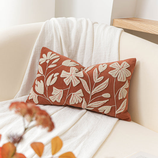 Velvet Soft Brick Red Flower Pattern Lumbar Throw Pillow Cover
