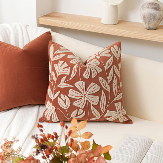 Velvet Soft Brick Red Flower Pattern Throw Pillow Cover