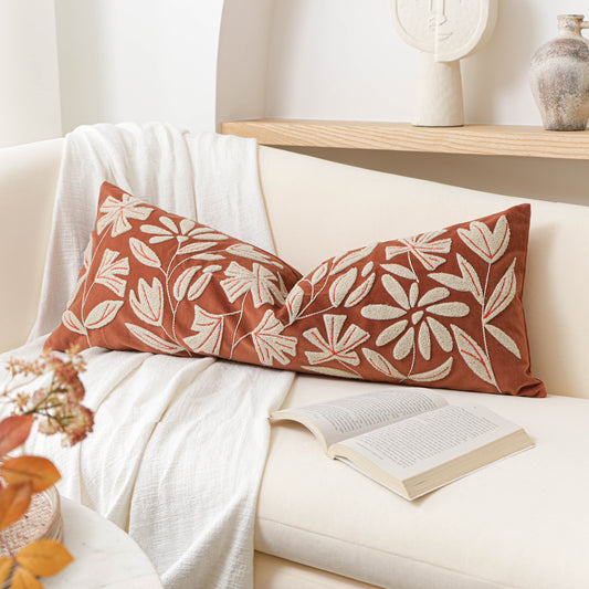 Velvet Soft Brick Red Flower Pattern Lumbar Throw Pillow Cover 14X36 inch