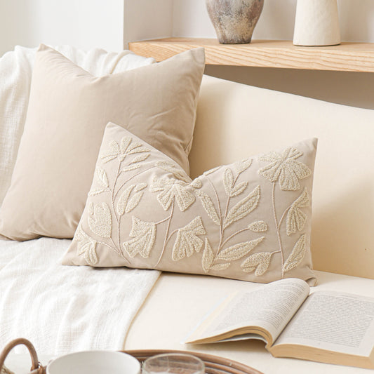 Velvet Soft Cream Flower Pattern Lumbar Throw Pillow Cover