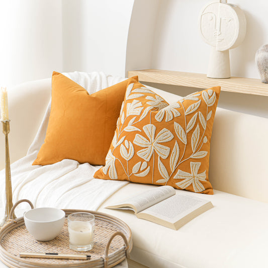 Velvet Soft Yellow Mustard Flower Pattern Throw Pillow Cover