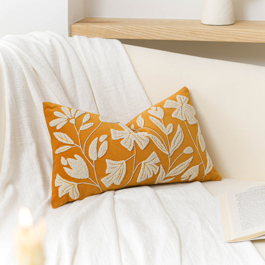 Velvet Soft Yellow Mustard Flower Pattern Lumbar Throw Pillow Cover