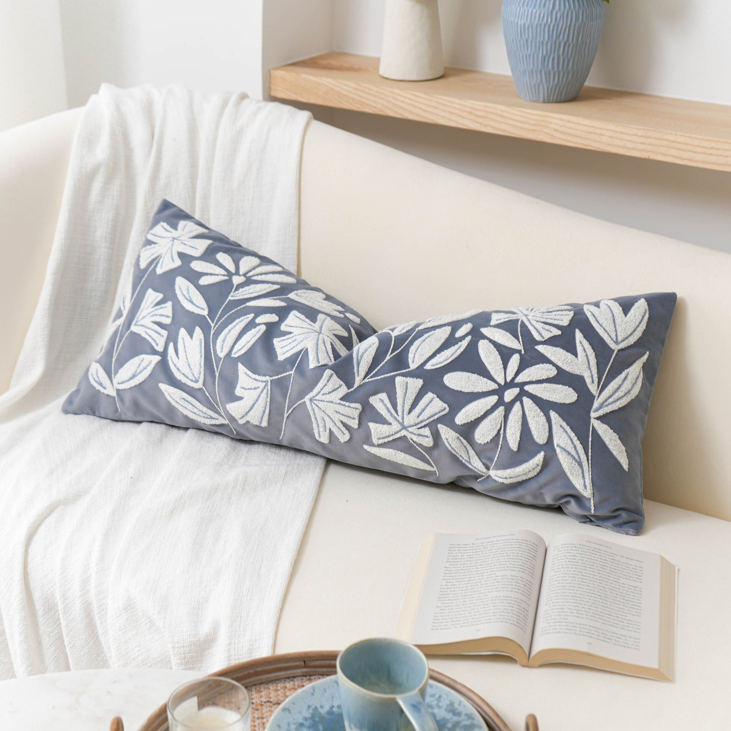 Velvet Soft Blue Flower Pattern Lumbar Throw Pillow Cover 14X36 inch