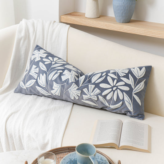 Velvet Soft Blue Flower Pattern Lumbar Throw Pillow Cover 14X36 inch